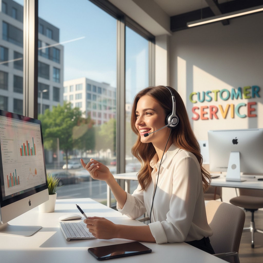 A smiling customer service representative wearing a headset sits at a desk in a bright office with large windows.